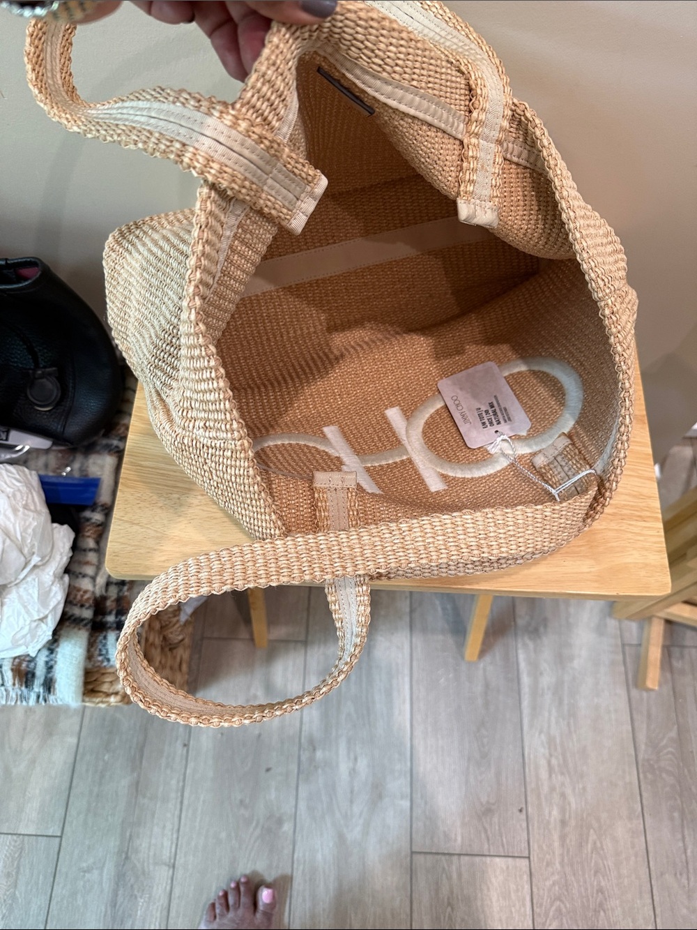 Jimmy Choo Beige Woven Tote with White Logo - Picture 5 of 7